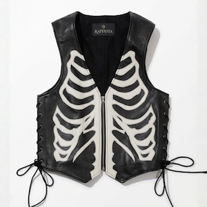 Front view of Raffania skeleton leather vest with white bone applique and YKK zipper closure.