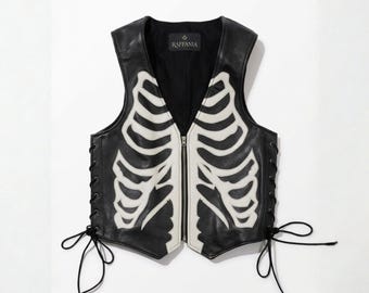 Skeleton Biker Vest Men | Ribcage Bone Design | Gothic Handmade Motorcycle Vest