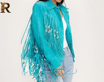 Women’s Western Suede Leather Jacket | Genuine turquoise Leather Beaded Tassel Boho Festival Wear | Vintage Cowgirl Native Jacket For Gift