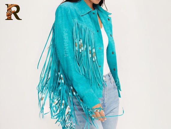Women’s Western Suede Leather Jacket | Genuine turquoise Leather Beaded Tassel Boho Festival Wear | Vintage Cowgirl Native Jacket For Gift