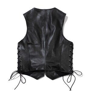 Back view of biker leather vest featuring adjustable side laces for a custom slim fit.