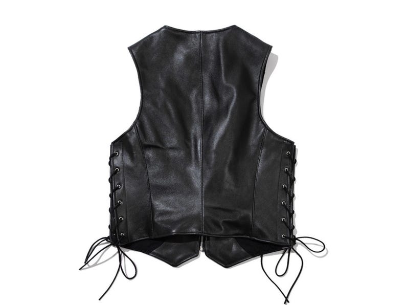 Back view of biker leather vest featuring adjustable side laces for a custom slim fit.