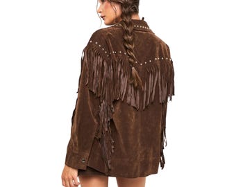 Women’s Oversized Brown Suede Fringe Jacket, Western Cowgirl Studded Leather Coat, Vintage Cowboy Fringe Jacket