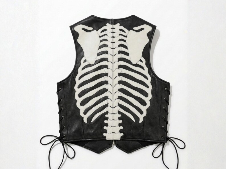 Back profile of men's leather vest showing detailed white skeleton ribcage embroidery on black leather.