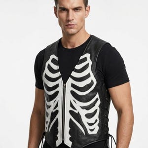 Handmade Raffania skeleton leather vest for men featuring a white ribcage bone design on premium black genuine cowhide leather.
