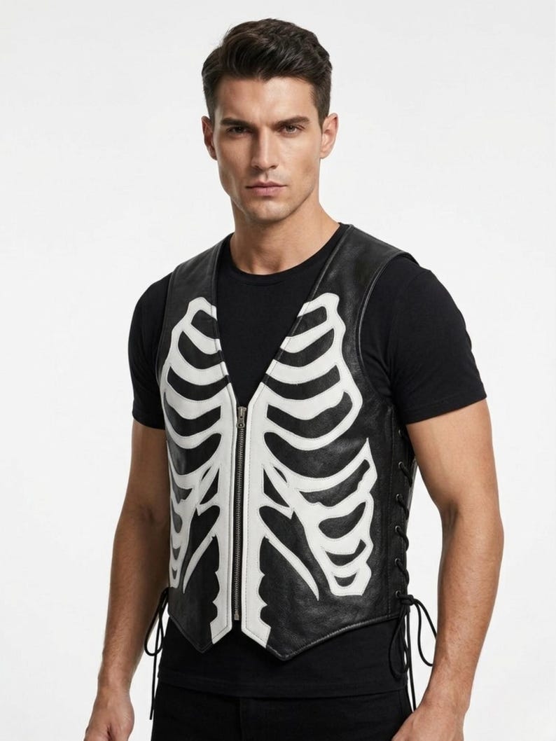 Handmade Raffania skeleton leather vest for men featuring a white ribcage bone design on premium black genuine cowhide leather.
