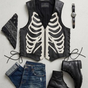 Handmade Raffania skeleton leather vest for men featuring a white ribcage bone design on premium black genuine cowhide leather.