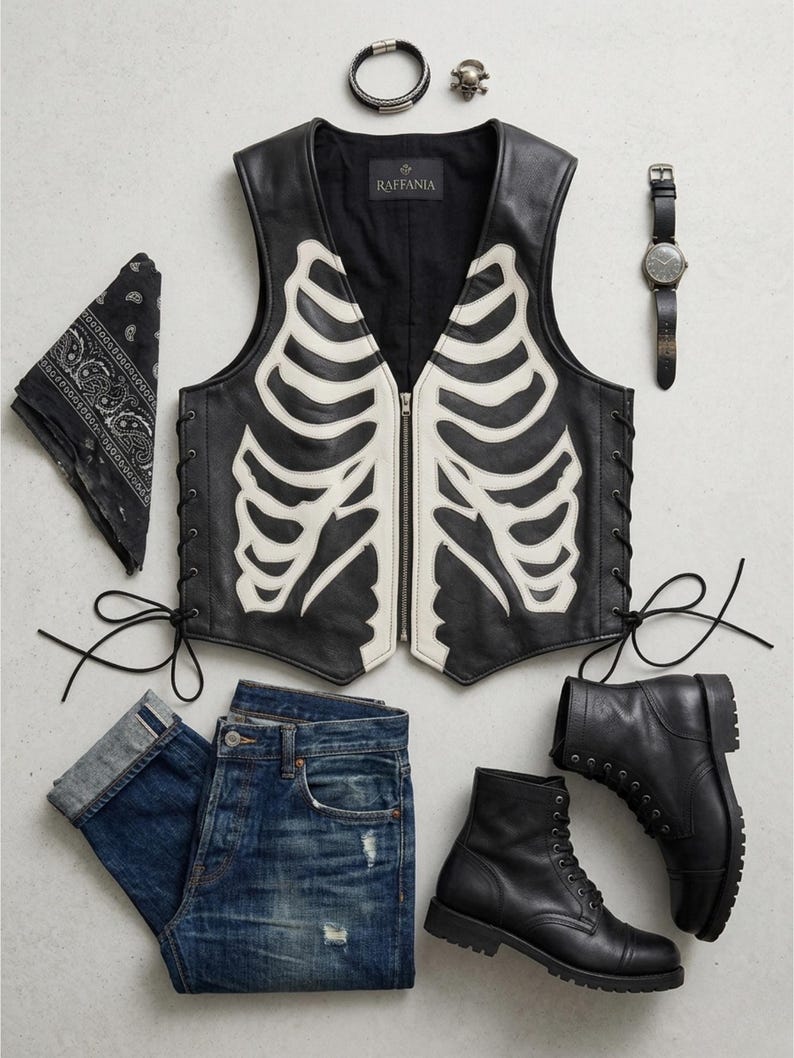 Handmade Raffania skeleton leather vest for men featuring a white ribcage bone design on premium black genuine cowhide leather.