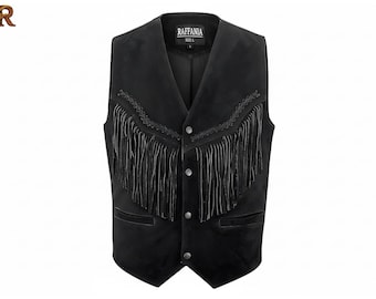 Gilet da uomo in pelle scamosciata nera con frange: gilet da motociclista western fatto a mano