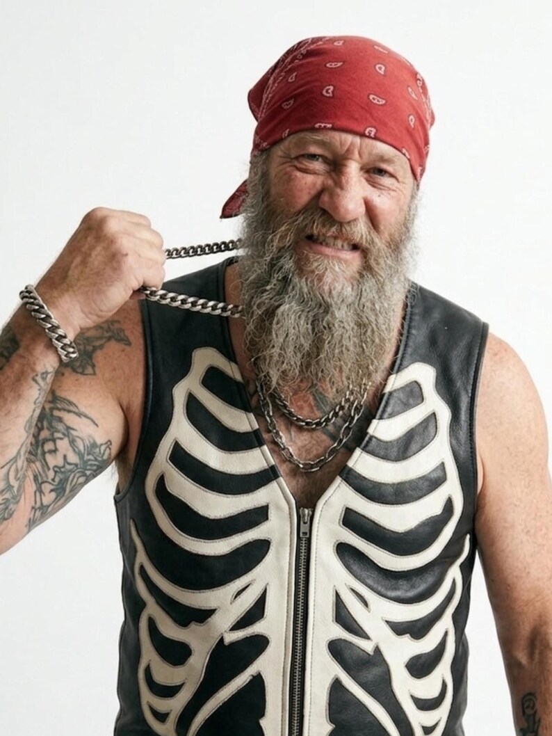 Handmade Raffania skeleton leather vest for men featuring a white ribcage bone design on premium black genuine cowhide leather.