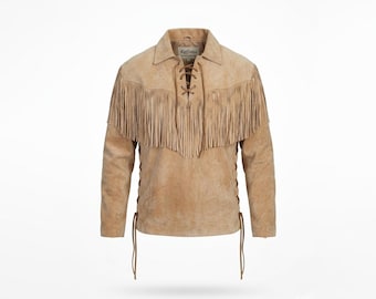 Men’s Buckskin Suede Fringe Jacket | Western Leather Pullover | Handmade Cowboy Jacket | Vintage Style Lace-Up Coat
