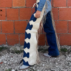 Handmade blue and ivory western leather chaps with long fringe for women, authentic cowboy riding chaps and rodeo wear.