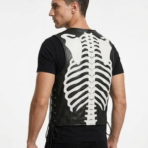Handmade Raffania skeleton leather vest for men featuring a white ribcage bone design on premium black genuine cowhide leather.