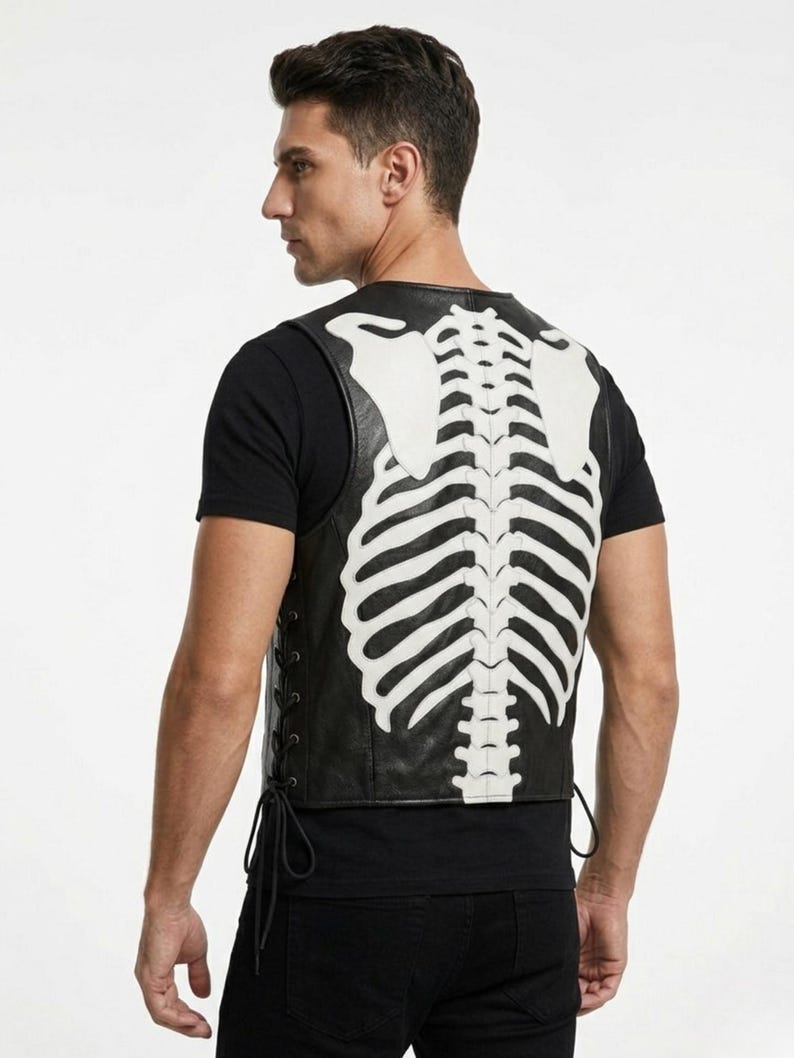 Handmade Raffania skeleton leather vest for men featuring a white ribcage bone design on premium black genuine cowhide leather.