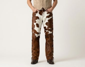 Hair on Hide Leather Pants Men | Western Cowhide Lace Up Trousers | Genuine Cowhide Leather Pants Custom Fit | Cowboy Style Leather Pants