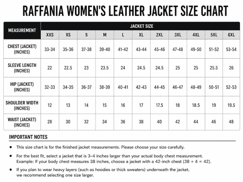 Puede incluir: Una tabla de tallas en blanco y negro para una chaqueta de cuero Raffania. La tabla enumera las medidas en pulgadas para el pecho, la longitud de la manga, la cadera, el ancho de los hombros y la cintura desde la talla XXS hasta la 6XL.