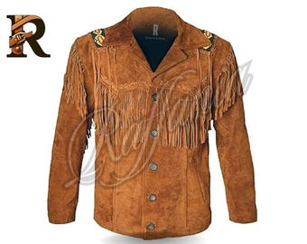 Men&#39;s Suede Leather Western Cowboy Jacket with Fringe & Beads