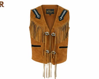 Men's Tan Suede Leather Fringe Vest: Western Cowboy Beaded Biker Waistcoat