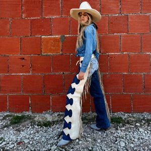 Western Leather Chaps Women, Fringe Cowboy Chaps, Blue & Ivory Rodeo Chaps, Cowgirl Riding Chaps, Handmade Leather Chinks