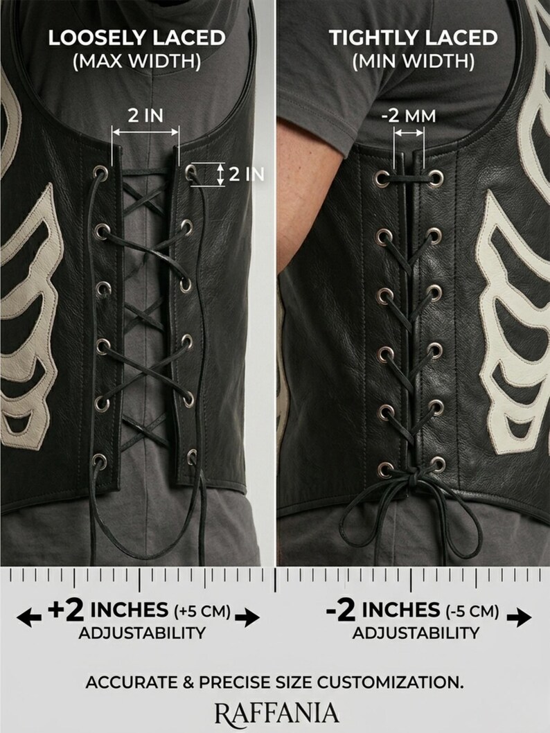Handmade Raffania skeleton leather vest for men featuring a white ribcage bone design on premium black genuine cowhide leather.