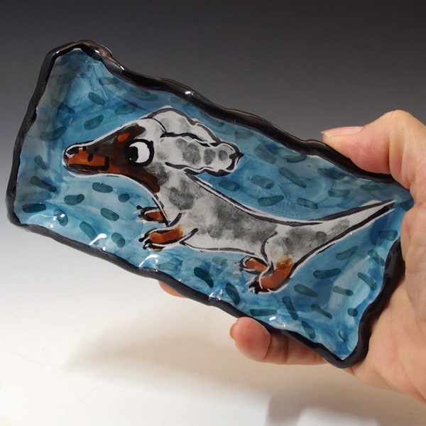 Silver Dapple Dachshund Pottery Spoon Rest or Ceramic Tray - Wiener Dog - Handmade Majolica - Coin Change Tray or Butter Dish