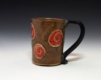 Red Spot with silver spirals  Small Brown Coffee, Tea,  Mug - Handmade Stoneware Pottery Mug - 8 ounces oz - farmhouse decor