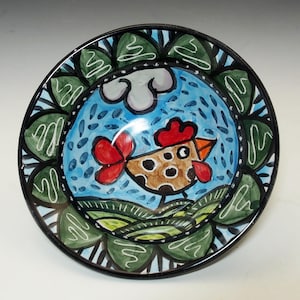 Handmade Chicken Pottery Bowl, Majolica Farmhouse Decor