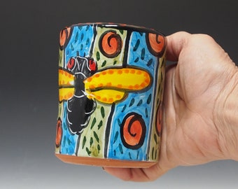 Red Eye Cicada Insects Pottery Coffee or Tea Mug - Handmade Majolica  - 9 ounce oz Mug - 13 year   17 year Cicada