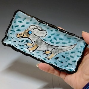Handmade Silver Dapple Dachshund Pottery Dish: Wiener Dog Spoon Rest