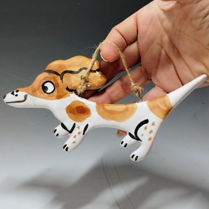 Handmade Piebald Dachshund Brown and White Dog Pottery Ornament: Majolica Dog Wall Art