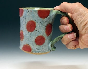 Red Dot on Blue Small Coffee, Tea,  Mug - Handmade Stoneware Pottery Mug - 8 ounces oz - farmhouse decor