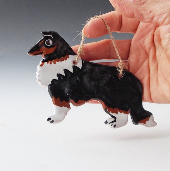Tri Colored Rough Collie Dog Pottery Holiday Ornament or Wall Art