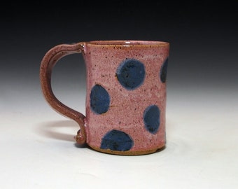 Blue Dot on Pink Small Coffee, Tea,  Mug - Handmade Stoneware Pottery Mug - 8 ounces oz - farmhouse decor