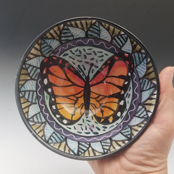 Monarch Butterfly Medium Serving Pottery Bowl - Handmade Majolica Pottery Bowl  - Mandala Design - Small Salad Bowl