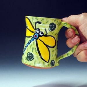 Petite tasse à café ou à thé poterie libellule bleue - majolique faite main - 6 onces - tasse vert citron