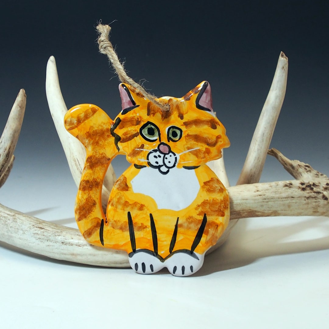 Orange and White Marmalade Tabby Cat Pottery Ornaments for Wall or