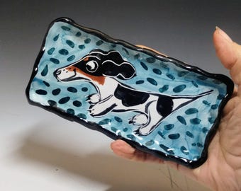 Handmade Tricolor Piebald Dachshund Pottery Dish: Majolica Spoon Rest
