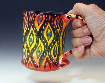 Abstract Red Orange and Yellow Ombre with Eye Patterns Large Pottery Coffee or Tea Mug - Handmade Majolica 12 ounce Mug