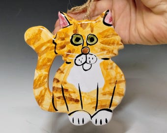 Handmade Majolica Pottery Cat Ornament: Orange Tabby Wall Decor