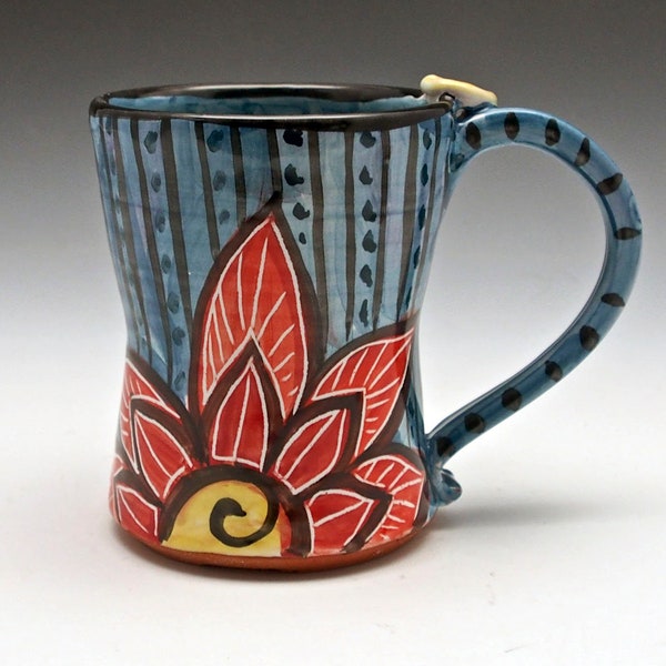 Red Flower Pottery Coffee or Beer Mug- Handmade Majolica - Ornate Pattern, large 18 ounce oz