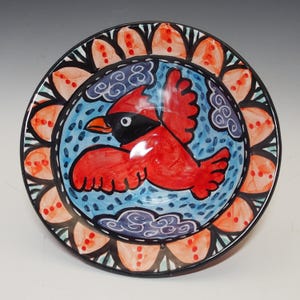 Hand Thrown Red Cardinal Pottery Small Serving Bowl: Majolica Glazed Earthenware