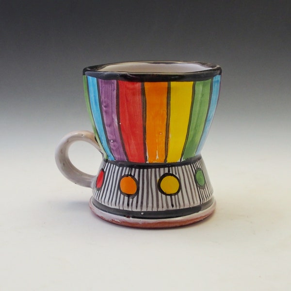 Rainbow Colors Geometric Stripes and Dots Pottery Coffee Mug or Tea Cup - Handmade Majolica - 12 ounce mug