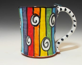 Rainbow Colors Stripes and Spirals Pottery Large Coffee Mug or Tea Cup - Handmade Majolica - 12 ounce mug