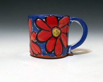 Red Daisy Type Flower Small Pottery Coffee Mug or Tea Cup - Handmade Majolica Pottery - Cobalt Blue  - 8 ounces oz