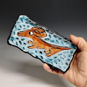 Handmade Red Brown Dachshund Dog Pottery Tray: Majolica Spoon Rest, Coin Dish