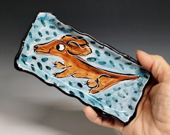 Handmade Red Brown Dachshund Dog Pottery Tray: Majolica Spoon Rest, Coin Dish