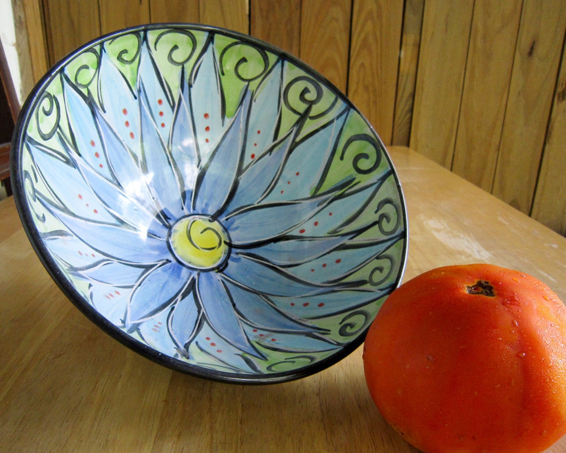 Pottery Clay Bowl Cornflower Blue Lotus Flower Wheel Thrown Etsy