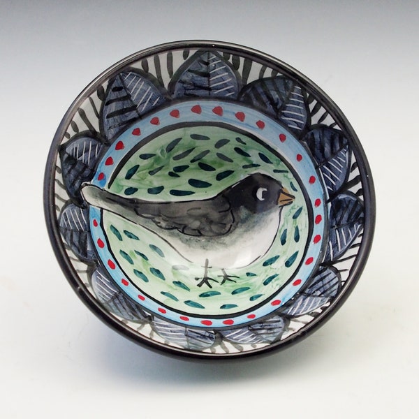 Small Gray and White Junco Winter Songbird Bird Pottery Bowl - Handmade Majolica - Cereal or Ice Cream bowl- snack Bowl
