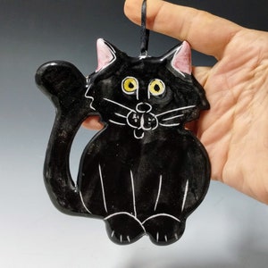 Black Cat Pottery ornaments for wall decoration or Christmas Holiday tree Decor  - Handmade Majolica -