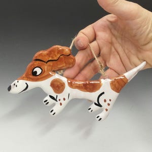Handmade Piebald Dachshund Pottery Ornament: Majolica Dog Wall Art